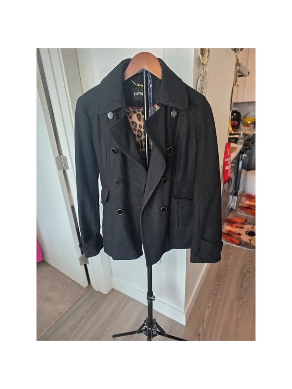 EXPRESS blend peacoat, double-breasted military style with leopard print lining